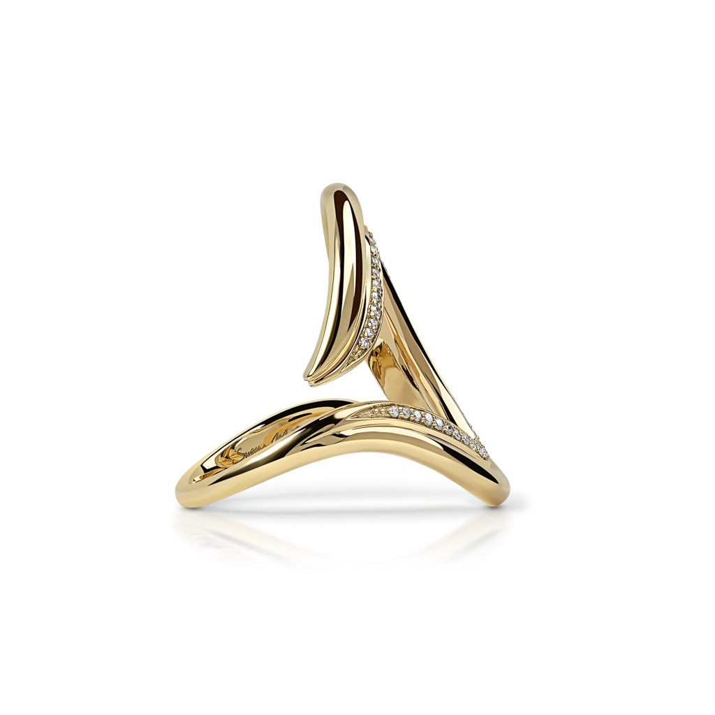 Gold ring featuring a unique curved design with diamond accents along the band.