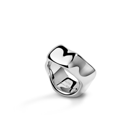 A white gold ring with a smooth, curved design featuring a unique shape.