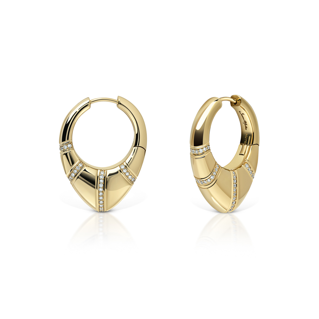 Gold hoop earrings featuring diamond accents in a curved design.