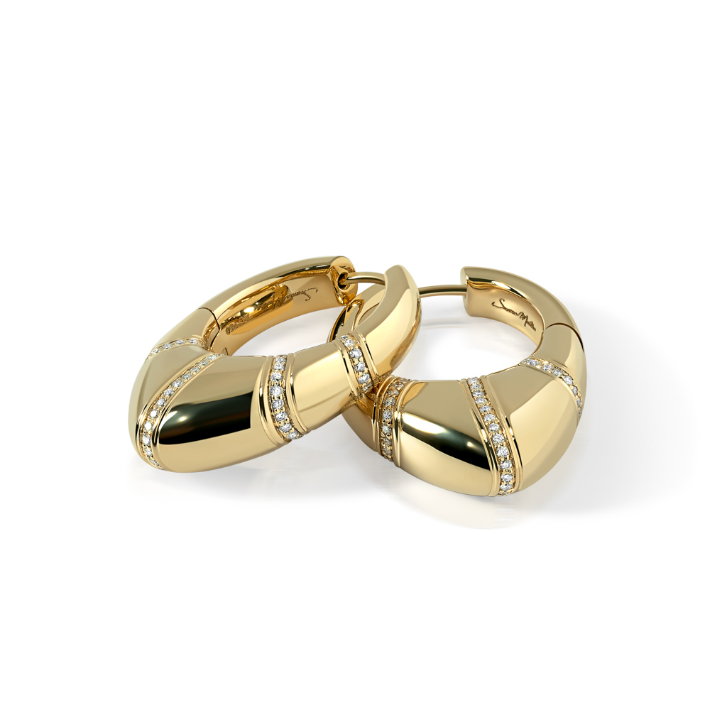 Pair of gold hoop earrings featuring diamond accents and a smooth finish.