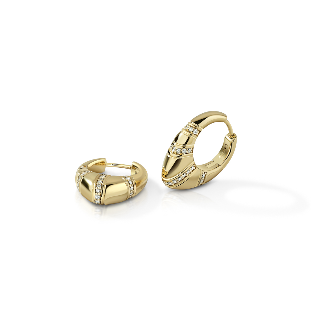 A pair of gold hoop earrings featuring diamond accents in a modern design.