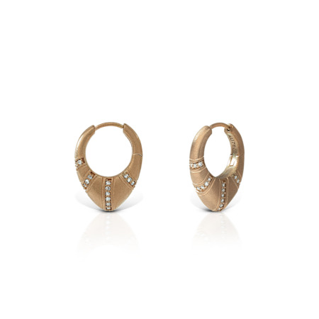 Gold hoop earrings featuring a decorative design with small gemstones embedded.
