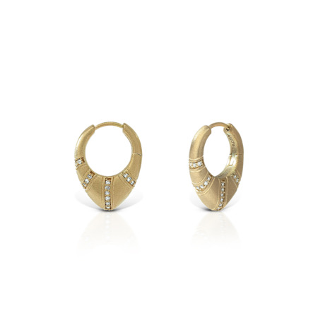 Gold hoop earrings featuring a textured surface and decorative elements with small stones.