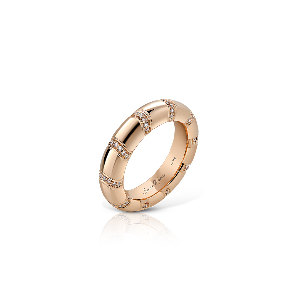 Gold band ring with diamond accents arranged in a patterned design.