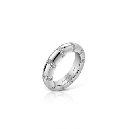 Stack band ring featuring a glossy finish and diamond accents in a curved design.