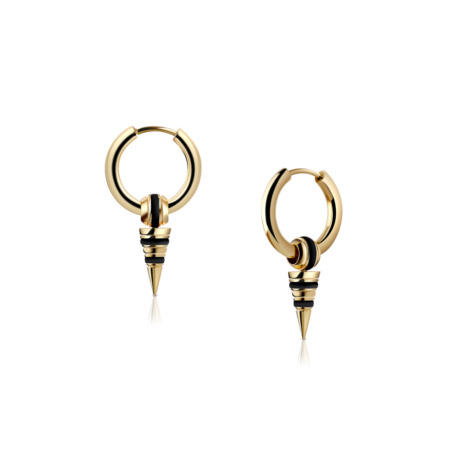 Gold hoop earrings featuring a spike design with black accents.