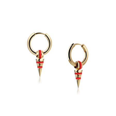 Gold hoop earrings featuring a pointed design with red and white accents.