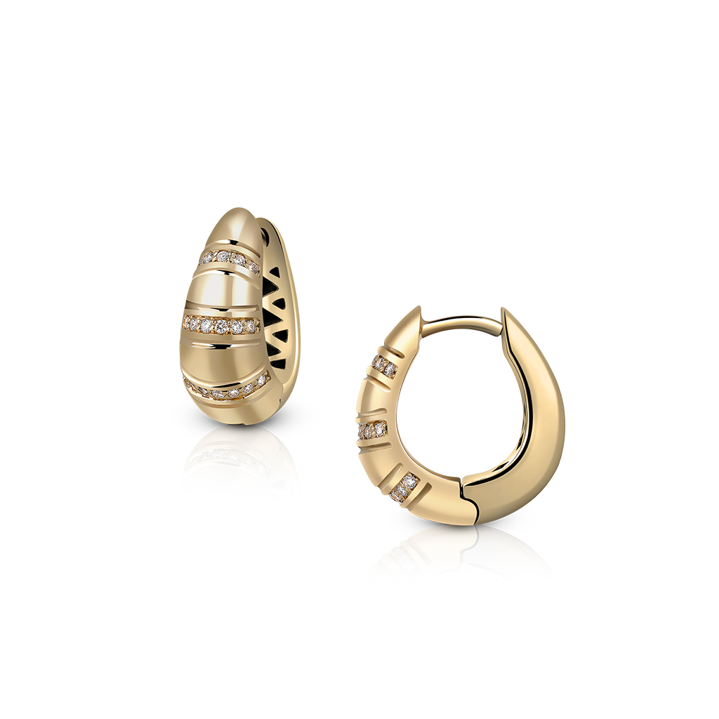 Pair of gold hoop earrings featuring diamond accents in a modern design.
