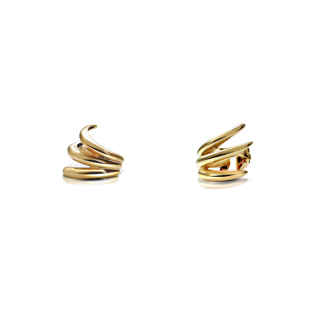 A pair of gold spiral ear cuffs with a smooth, polished finish and a unique design.