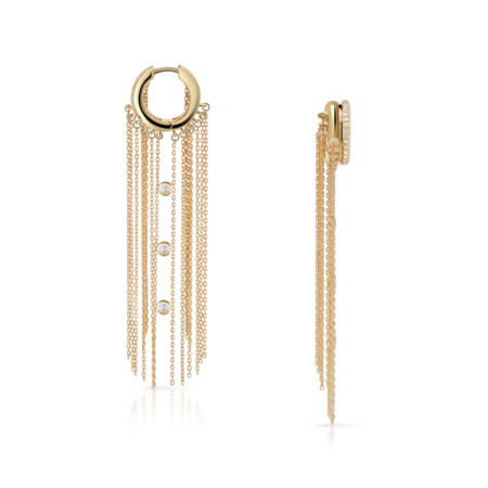 Gold hoop earrings featuring fringes and chains with small decorative elements.