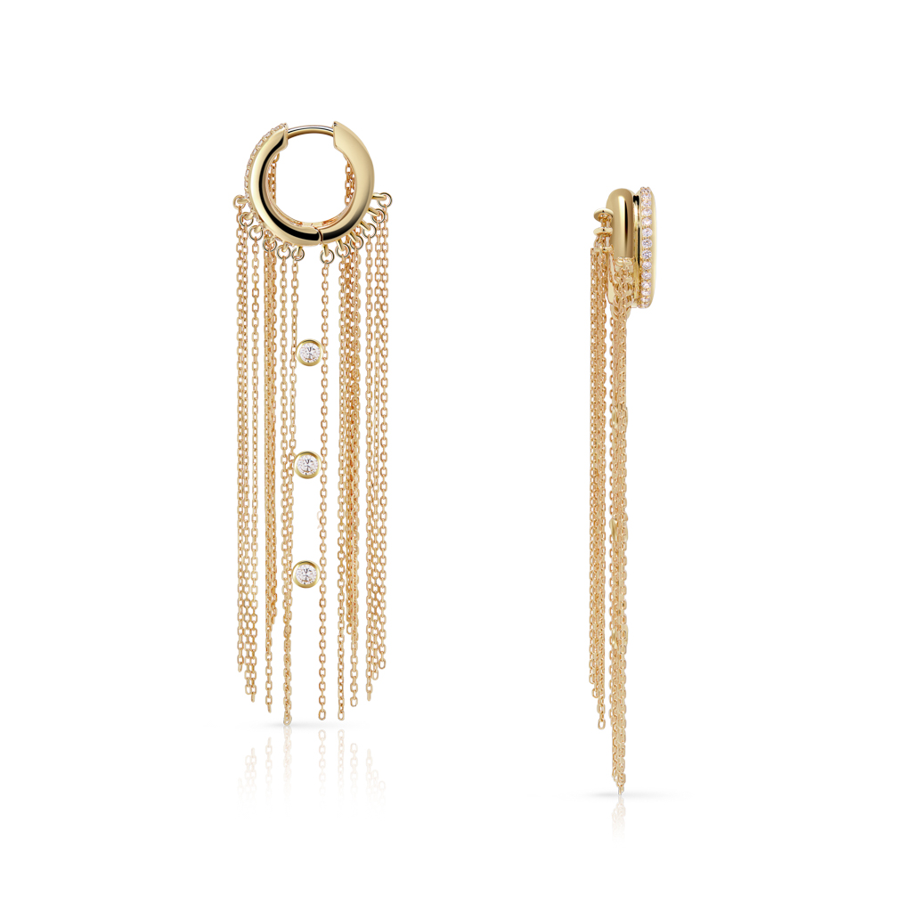 Gold hoop earrings featuring fringes and chains with small decorative elements.