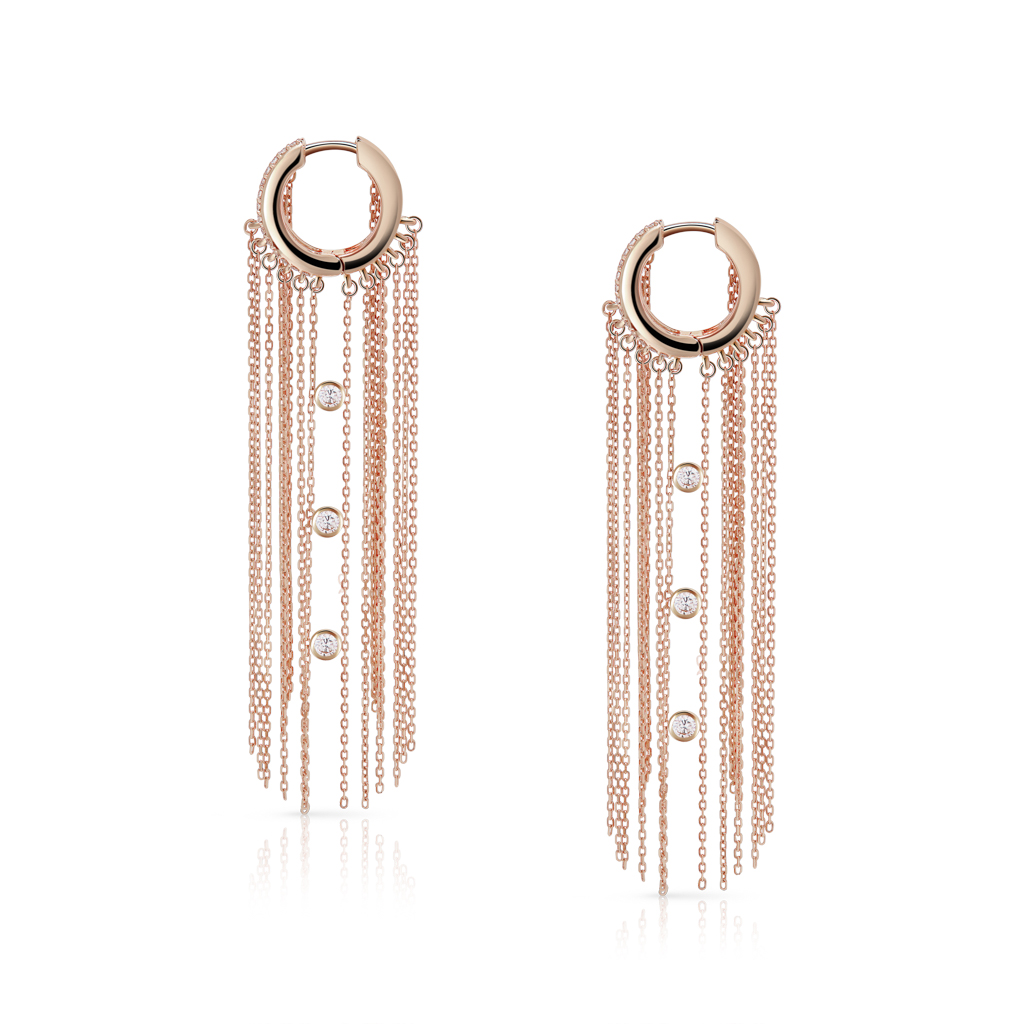 Pair of rose gold earrings featuring fringe chains and three decorative stones.
