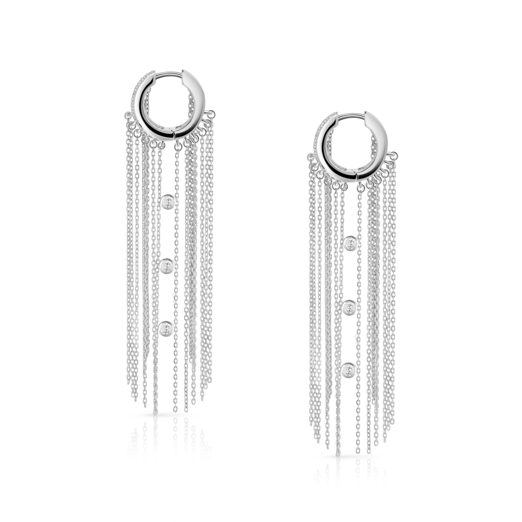 Silver hoop earrings featuring long fringes and three decorative beads.