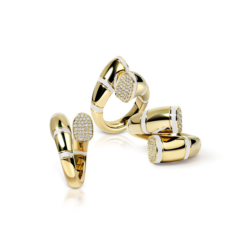 A set of gold rings featuring diamond accents arranged in a decorative manner.
