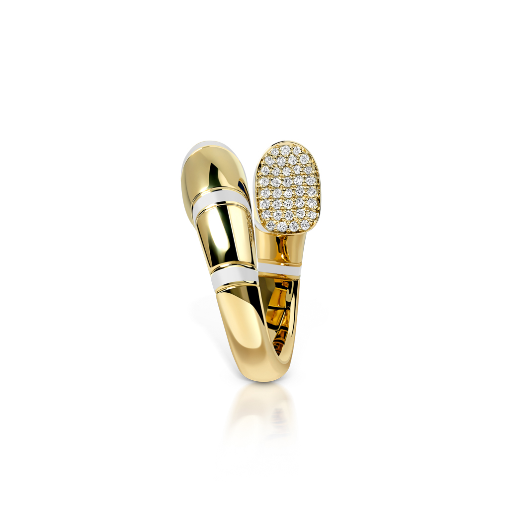 Yellow gold and white ring featuring a smooth band and a diamond-encrusted top.
