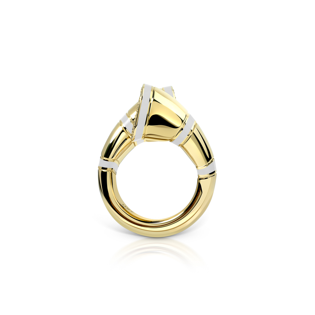 Gold and white gold ring with a unique twisted design and a prominent gemstone.