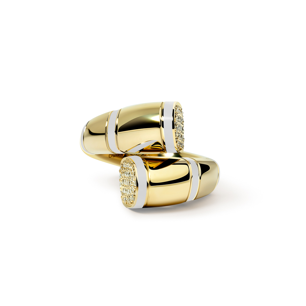 Two yellow gold rings with white accents and a textured surface, arranged together.