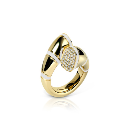 Yellow gold ring with white enamel accents and a cluster of small diamonds on top.