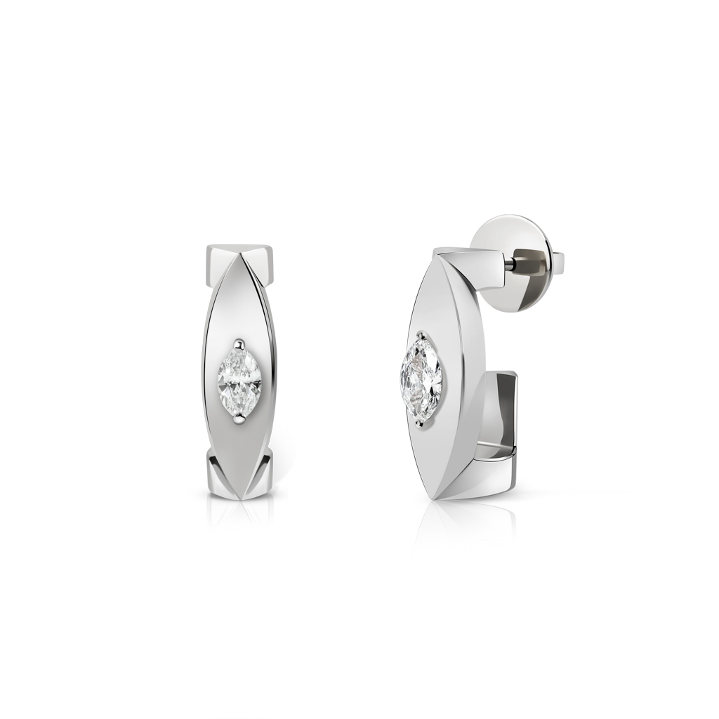 Pair of marquise-shaped ear clips made of white gold with a central gemstone.