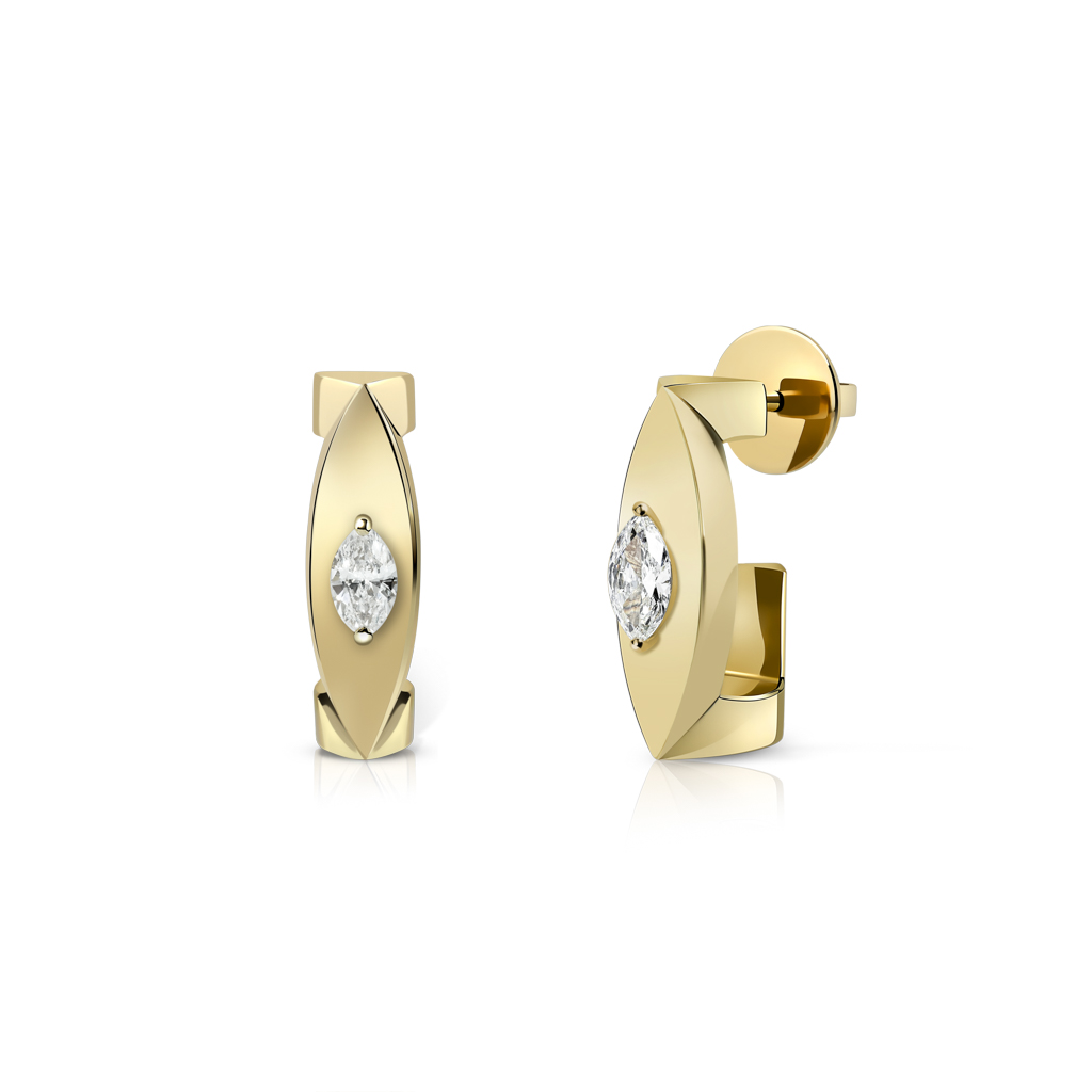 Pair of gold marquise-shaped ear clips featuring a diamond accent in the center.