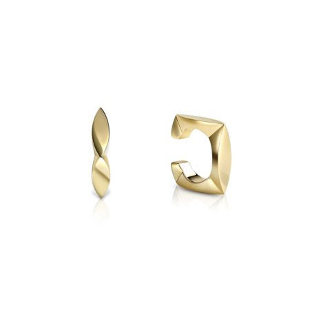 Two gold ear cuffs with distinct shapes, one resembling a twist and the other a curved design.