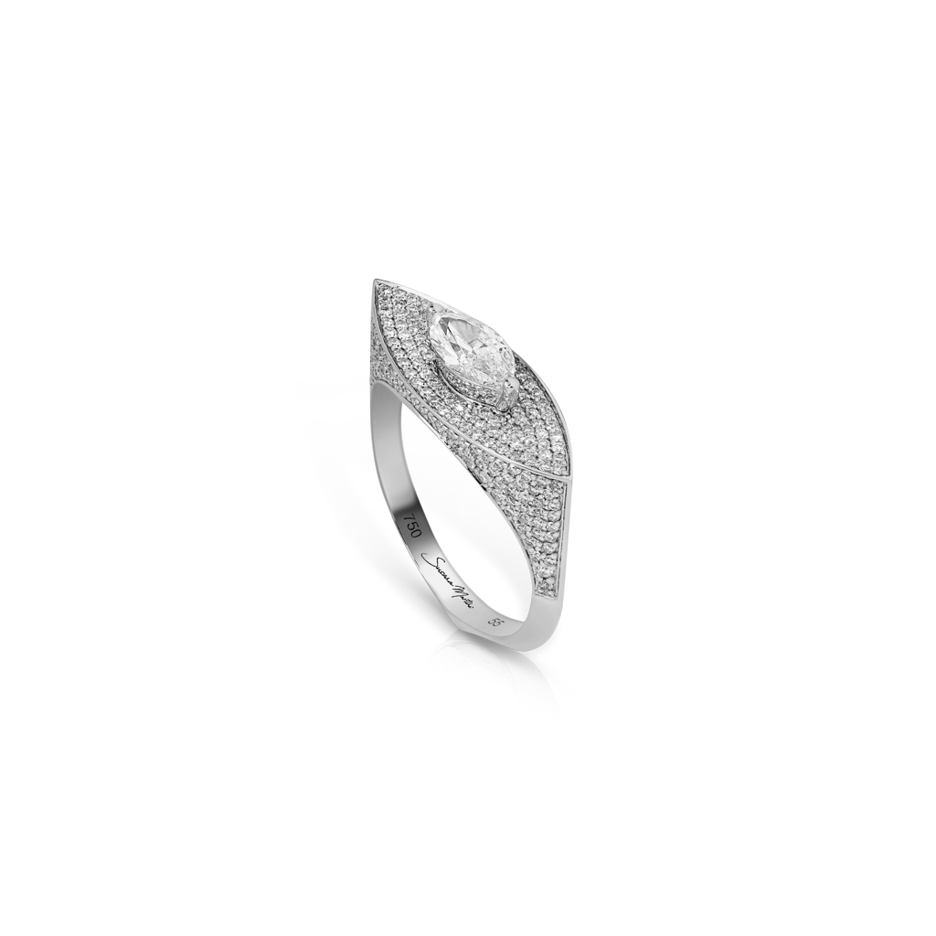 Marquise diamond ring with a frosted finish and smaller diamonds on the band.