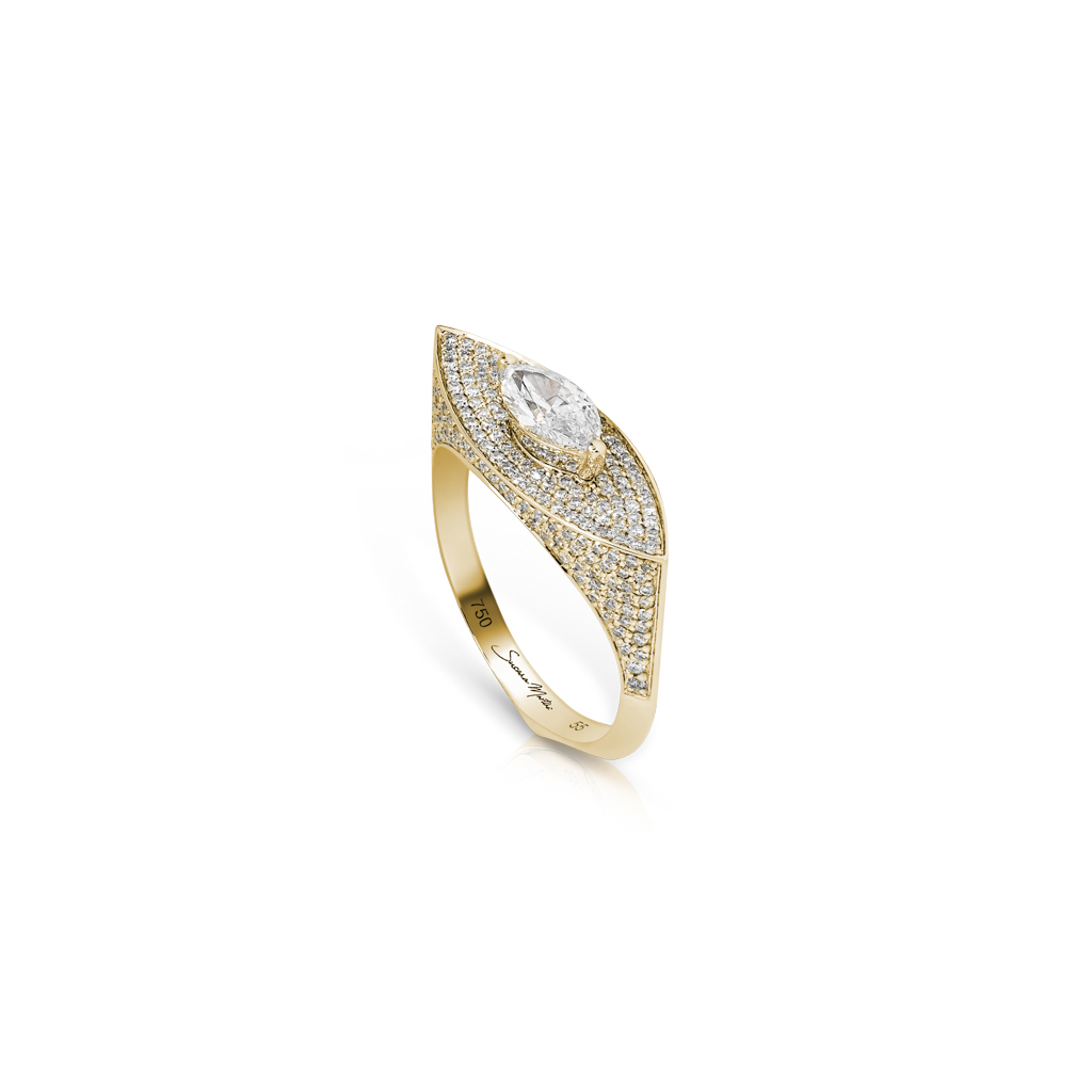 Marquise diamond ring set in yellow gold with a detailed band featuring smaller diamonds.
