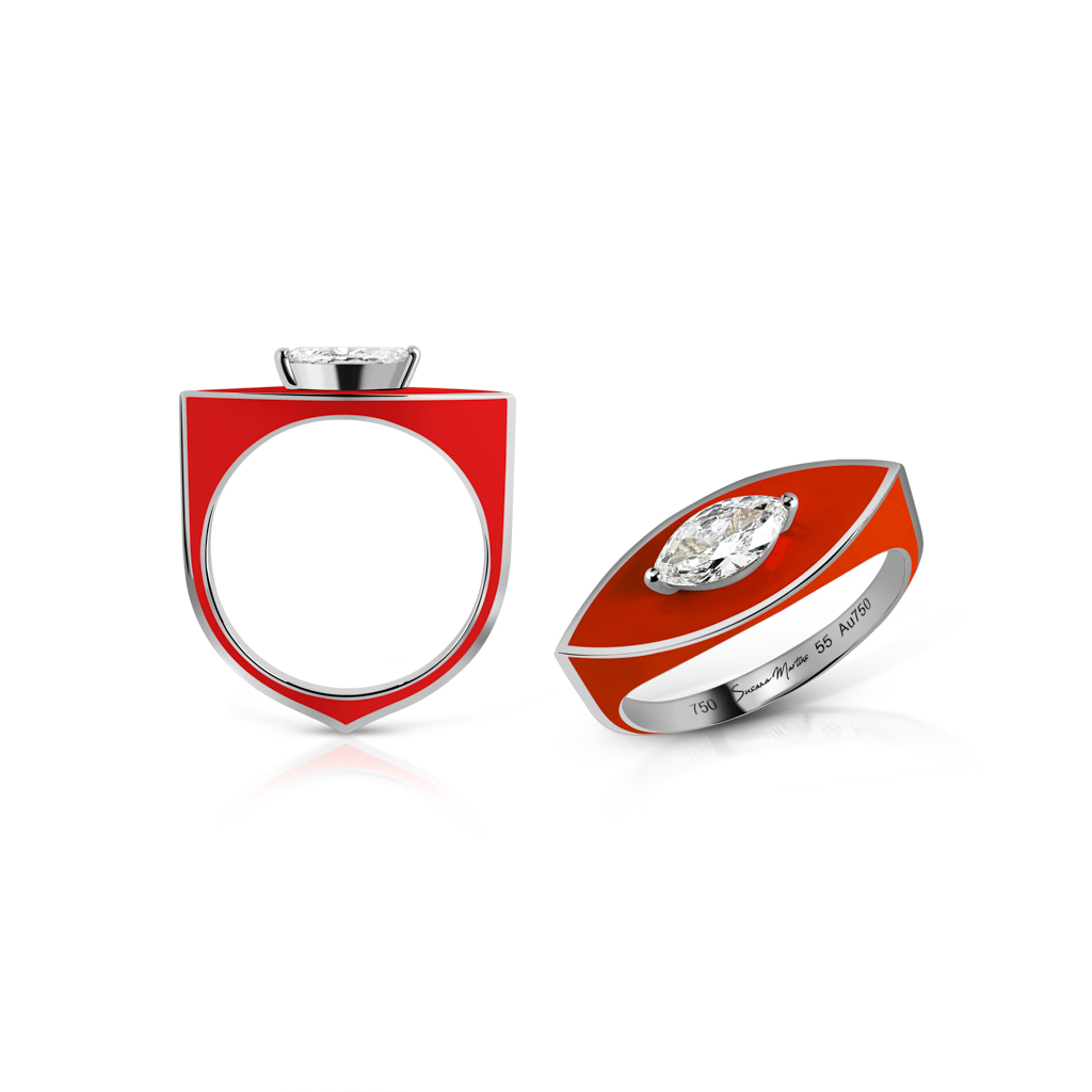 Marquise-shaped ring featuring a red enamel band and a white gemstone on top.