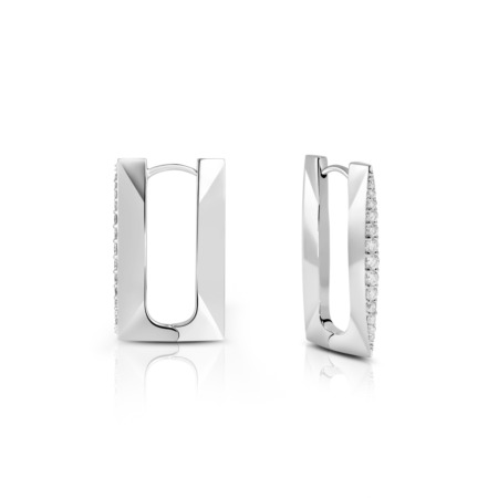 Silver hoop earrings featuring a rectangular design with clear stones along one side.