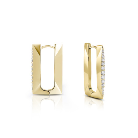 Gold hoop earrings featuring a rectangular design and clear stones along one side.