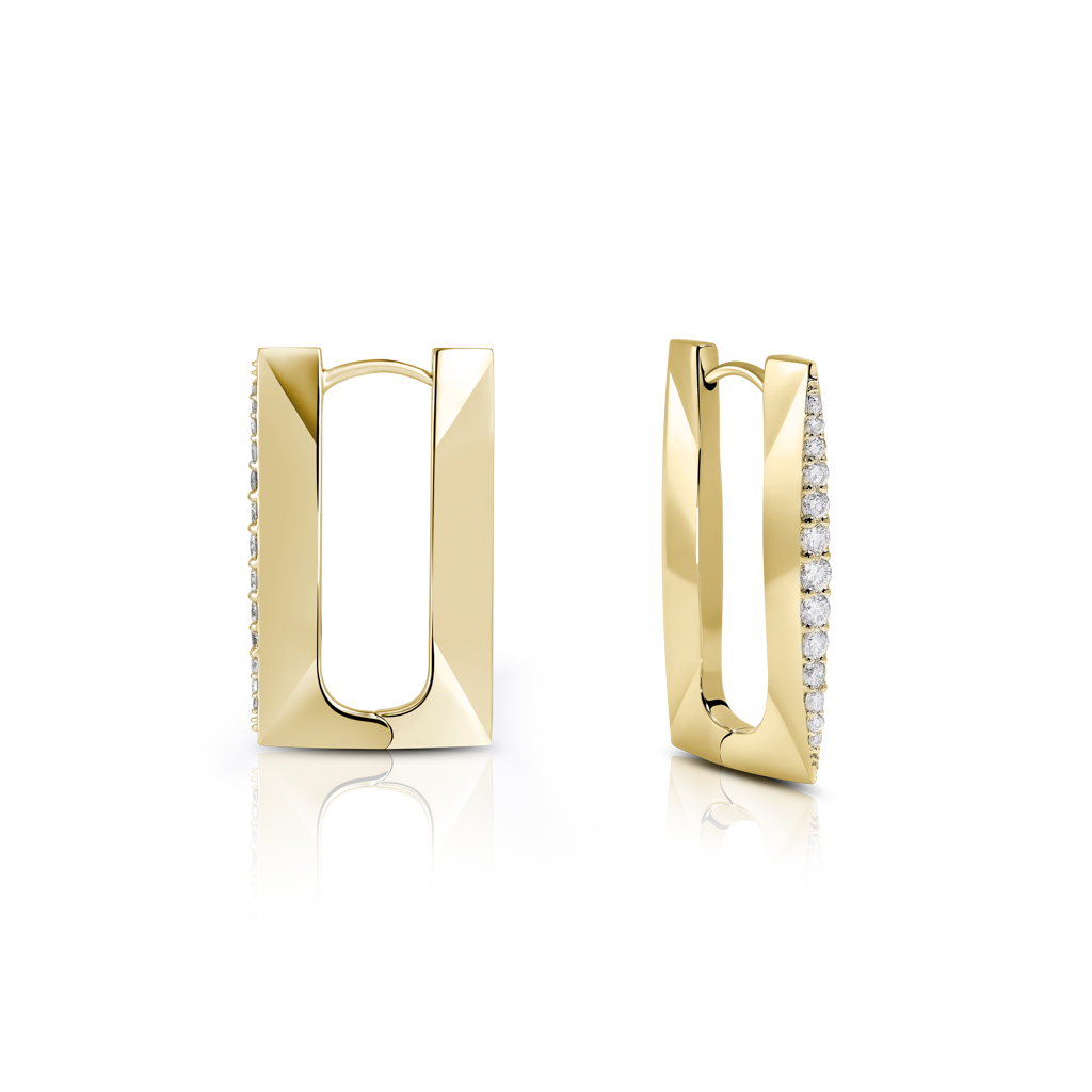 Gold hoop earrings featuring a rectangular design and clear stones along one side.