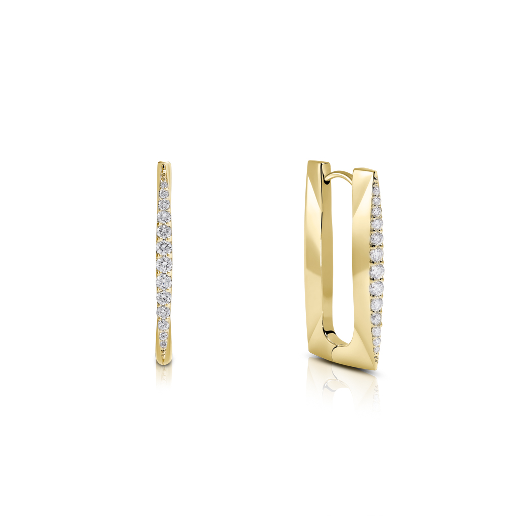 Gold hoop earrings featuring a row of small diamonds along one side.