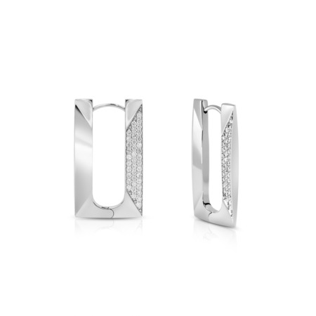 Silver geometric earrings featuring a rectangular design with clear stones embedded on one side.