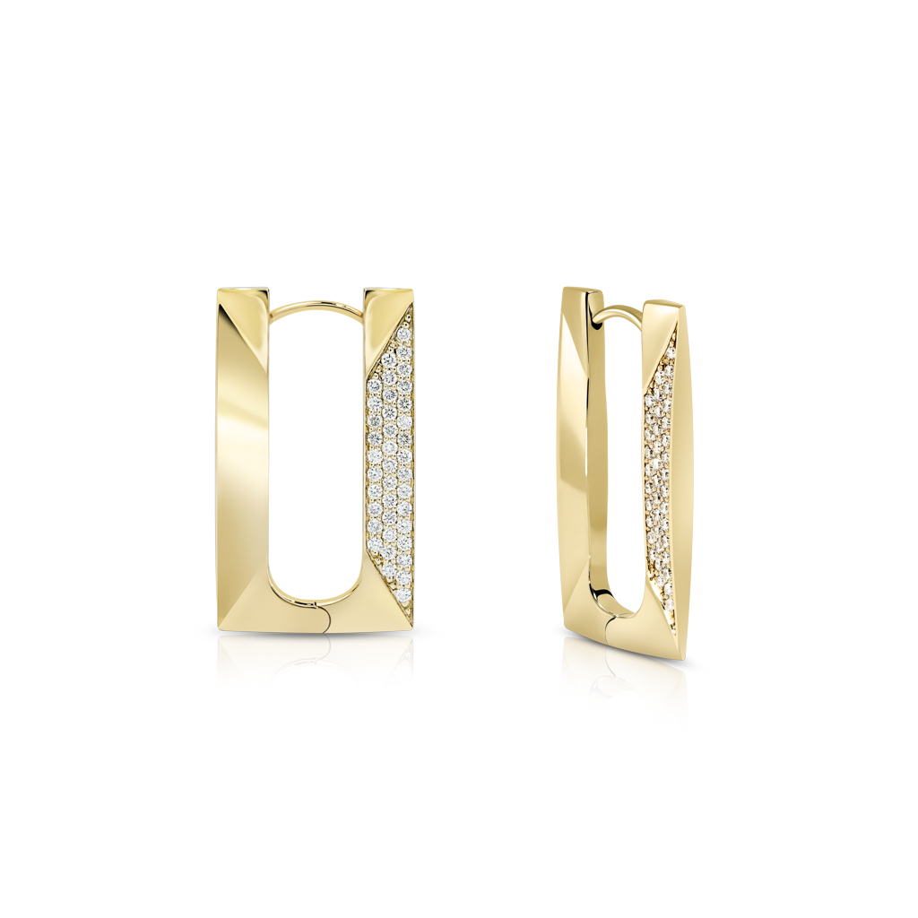 Gold geometric hoop earrings featuring clear stones set in one side of the design.