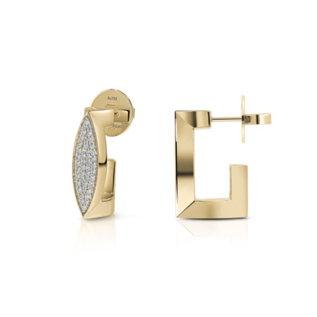 Gold ear clips featuring a diamond-frosted design on one side and a geometric shape on the other.