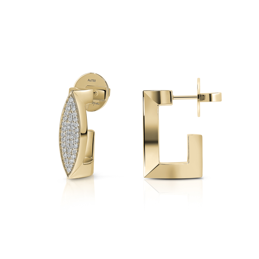 Gold ear clips featuring a diamond-frosted design on one side and a geometric shape on the other.