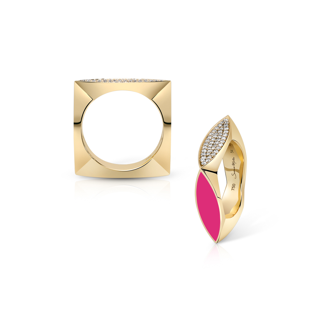 Gold ring featuring a pink enamel accent and diamond embellishments alongside a square gold ring.