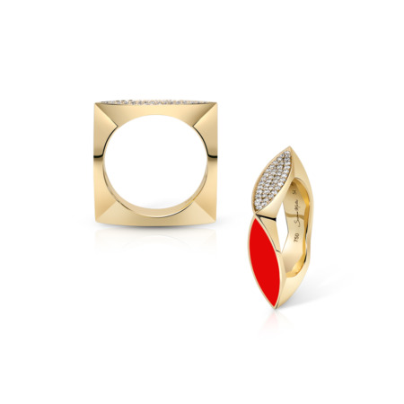 Two gold rings, one square and one with red enamel and diamonds, displayed together.