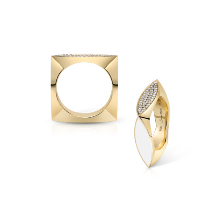 Two stackable rings featuring gold enamel and diamond accents in a square and leaf shape.