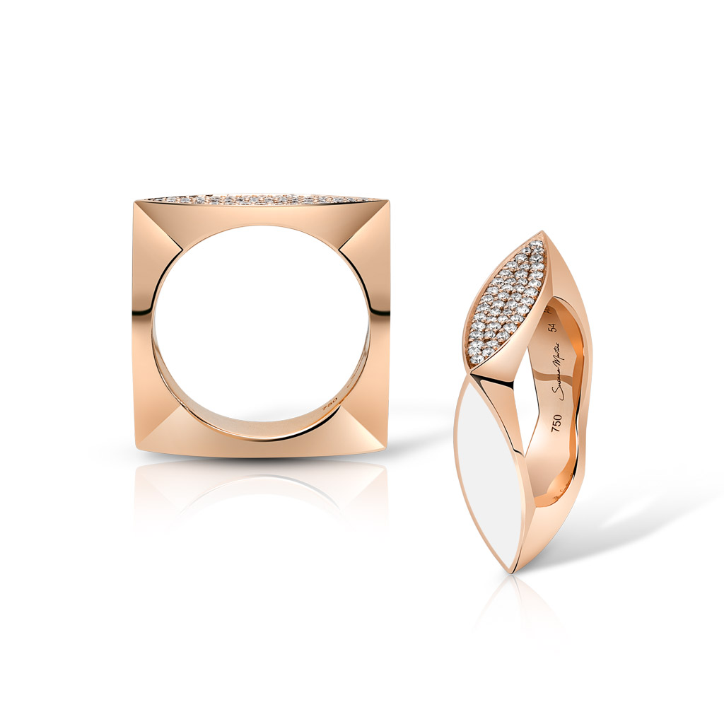 Two rings featuring rose gold and white diamonds, one square and one with a curved design.