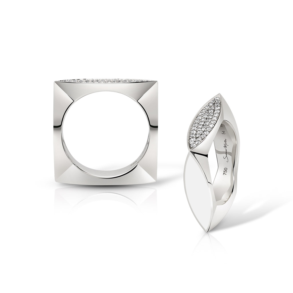 Two silver stack band rings, one square and one with diamond accents, displayed on a white background.