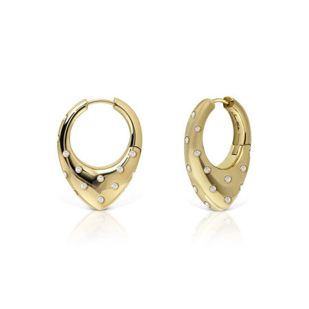 Gold hoop earrings featuring a polka dot design with embedded gemstones for decorative effect.