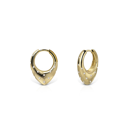 Gold huggie earrings with polka dot design and small diamonds embedded.