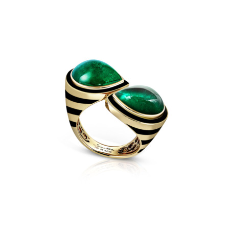 Double emerald ring featuring two large emerald stones set in yellow gold with black striped accents.