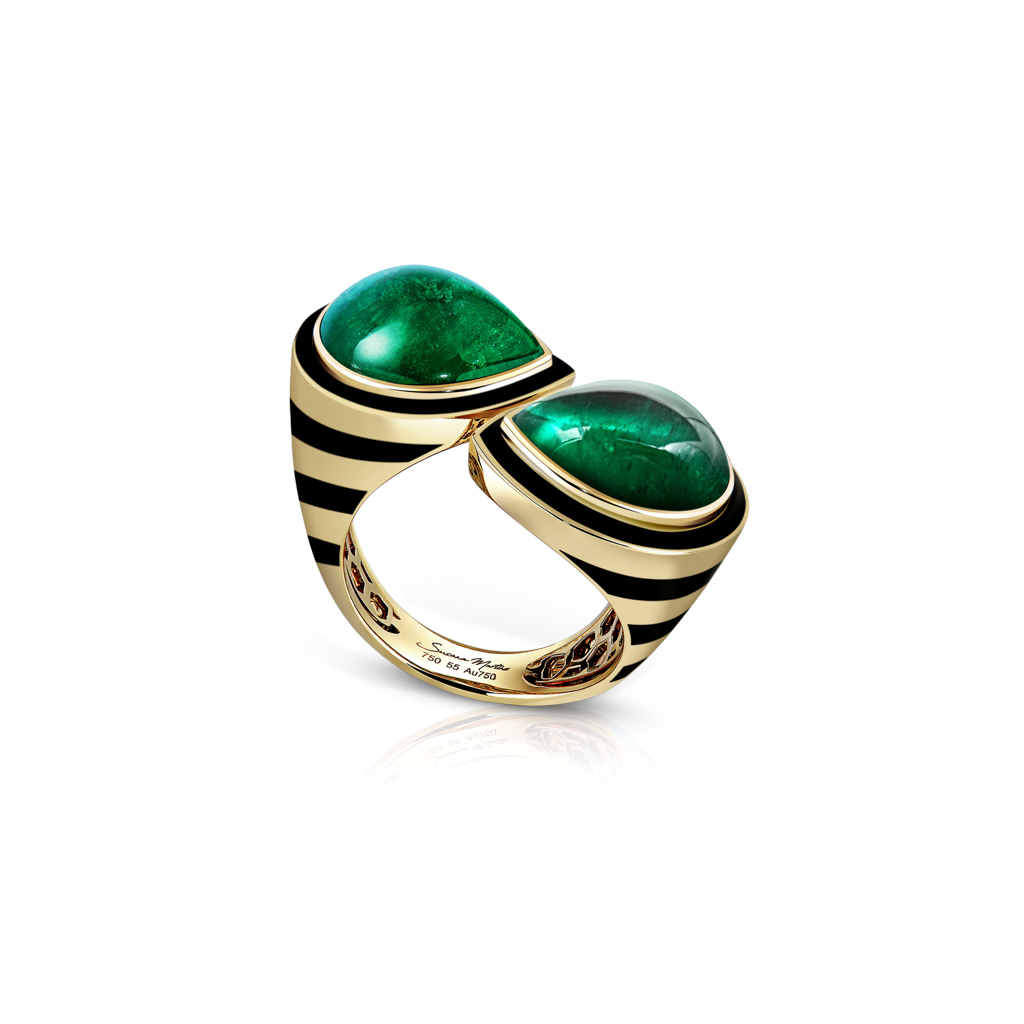 Double emerald ring featuring two large emerald stones set in yellow gold with black striped accents.