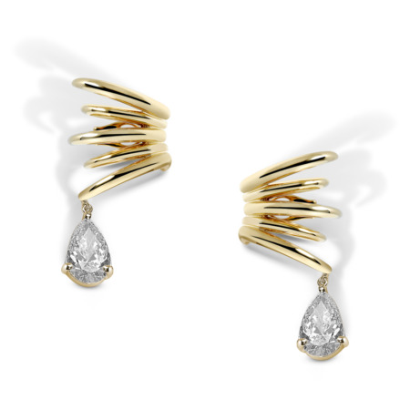 Calatrava Five Stroke Ear Cuff with a pear-shaped diamond drop, crafted in gold with a sculptural stroke design and polished shine.